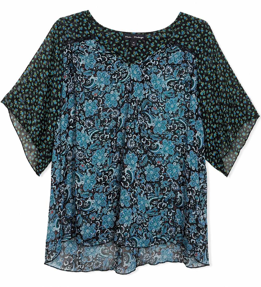 Mason Mackenzie Floral Paisley Blouse size M Blue Black Sheer Kimono Sleeve Top